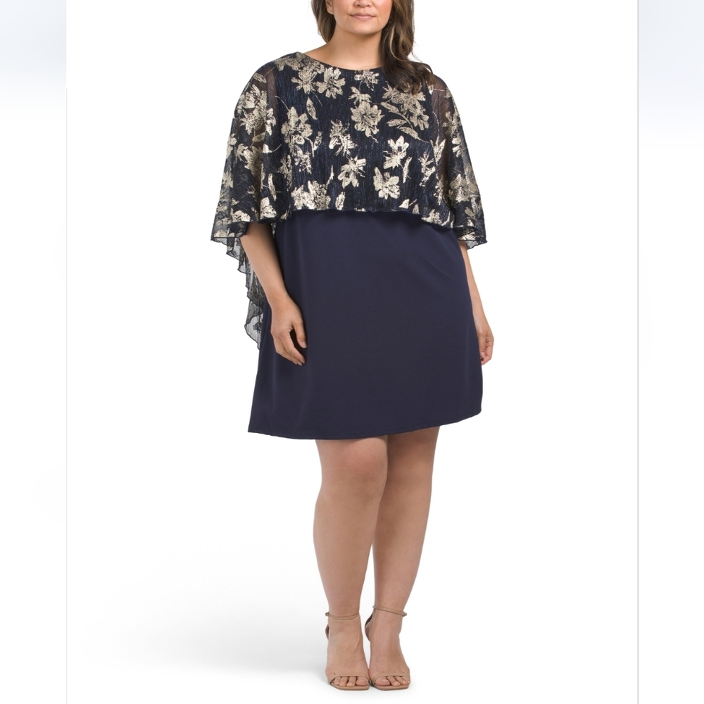 Marina Plus Navy Gold Capelet Mini Dress